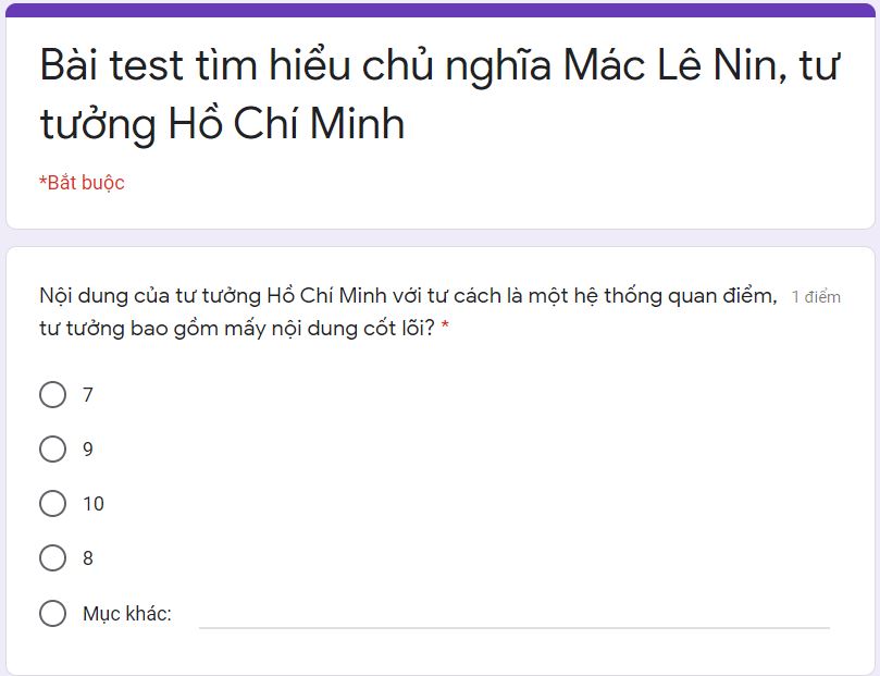 Bài test online Tìm hiểu Chủ nghĩa Mác Lê Nin, tư tưởng Hồ Chí Minh