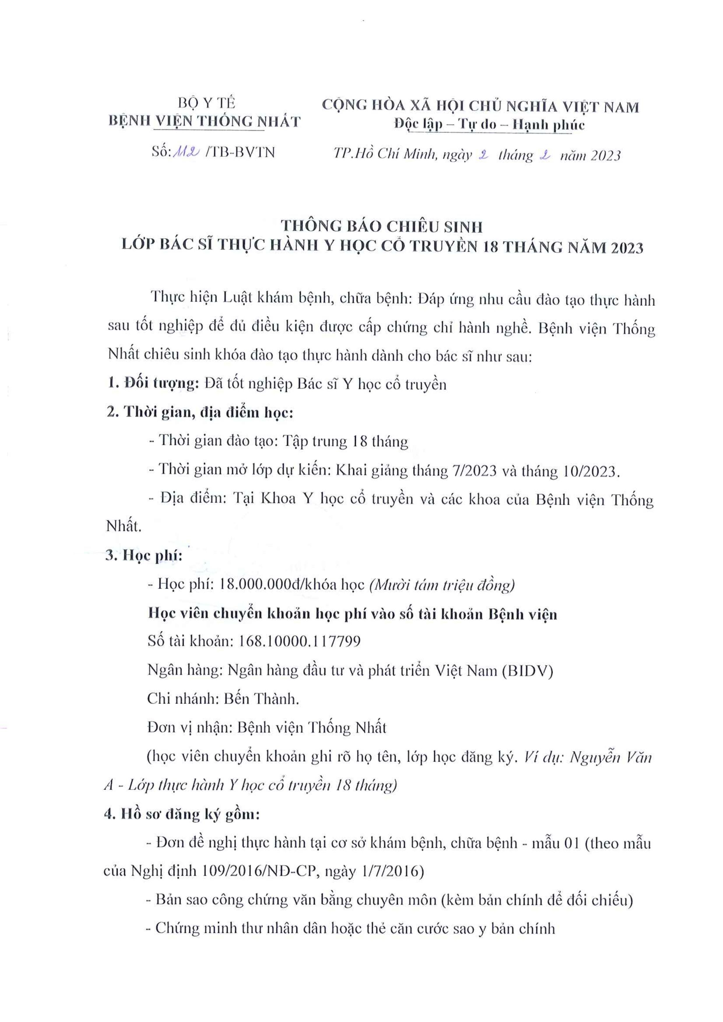 THÔNG BÁO CHIÊU SINH LỚP BÁC SĨ THỰC HÀNH Y HỌC CỔ TRUYỀN 18 THÁNG NĂM 2023