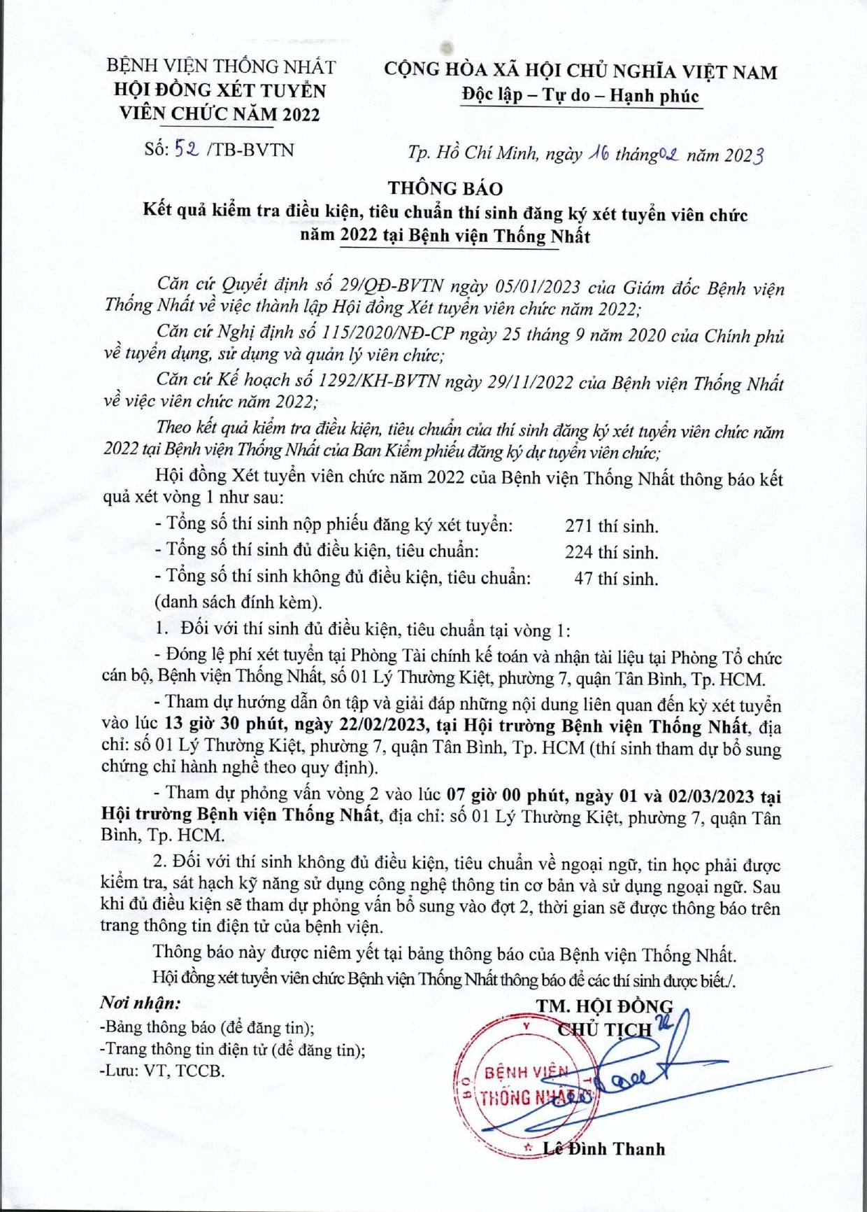 THÔNG BÁO KẾT QUẢ KIỂM TRA ĐIỀU KIỆN, TIÊU CHUẨN THÍ SINH ĐĂNG KÝ XÉT TUYỂN VIÊN CHỨC NĂM 2022 TẠI BỆNH VIỆN THỐNG NHẤT
