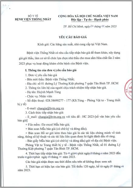 YÊU CẦU BÁO GIÁ